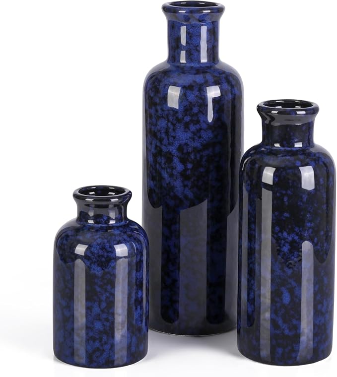 Small Blue Ceramic Vase Set of 3, Boho Modern Flower Vase Room Decor, Farmhouse by GUKJOB