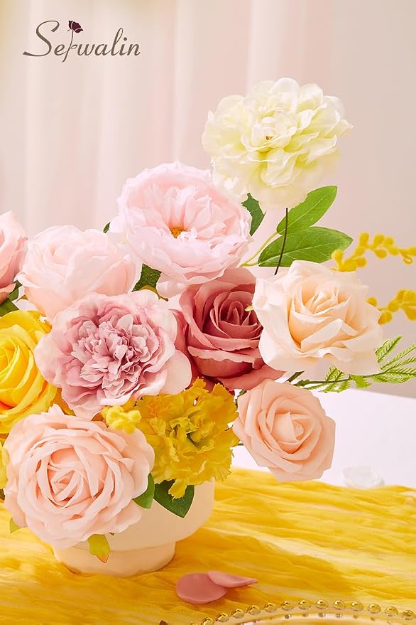 Serwalin Pink Yellow Artificial Flowers, Wedding Silk Fake Flowers Box | Faux - Image 7