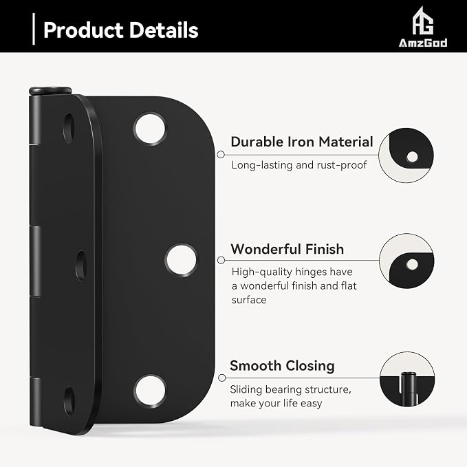 Door Hinges Matte Black 3.5 Inch Rounded 5/8" Radius 18 Pack | Black Interior - Image 4