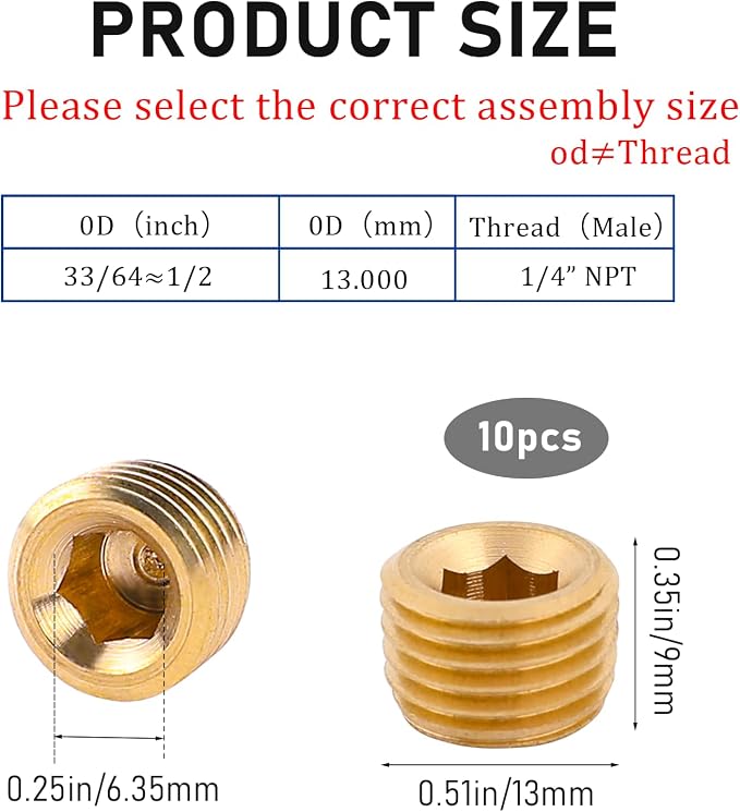 10 PCS 1/4" NPT Male Pipe Plug Fitting Set Brass Hex Counter Sunk Plugs - Image 2