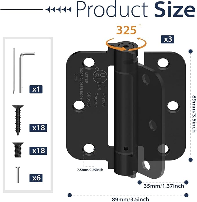 3-Pack 3.5 Inch Self Closing Door Hinges, 5/8" Radius Corners, Adjustable - Image 2