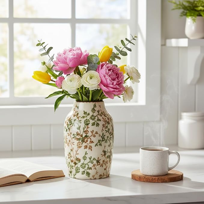 SIDUCAL Ceramic Green and Beige Antique Vase, 7 Inch Retro Ice Cracked - Image 5