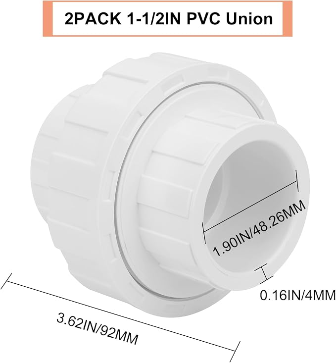 2Pcs 1-1/2" PVC Union Coupling Pipe Fitting 1.5Inch PVC Slip Union PVC Adapter - Image 2