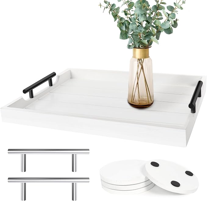 SXNOWS Wood Serving Tray with 2 Sets of Handles, 4 Coasters Included by Sxnows
