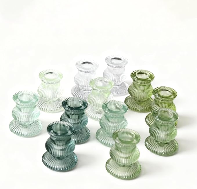 Green Glass Candle Holders 12 Pcs, Ribbed Taper Candle Holders Bulk, Vintage by WDHODEC