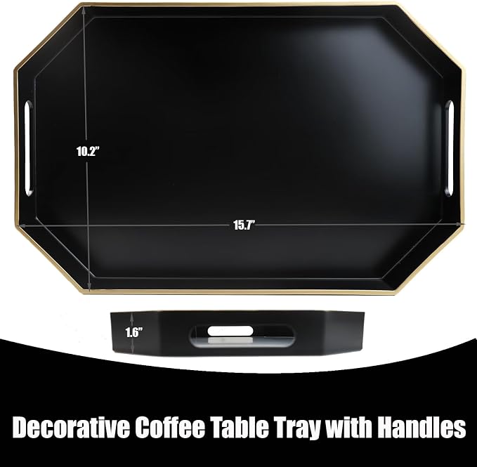 Black Decorative Tray with Handles, Octagon Versatile Serving Tray - Image 2