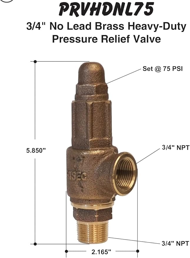 MFG PRVHDNL75 3/4" No-Lead Heavy-Duty Brass Pressure Relief Valve, - Image 4