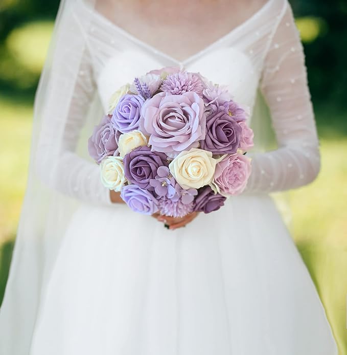 FACINOC Roses Artificial Flowers Purple Bouquets Mix Silk Dahlia - Image 3