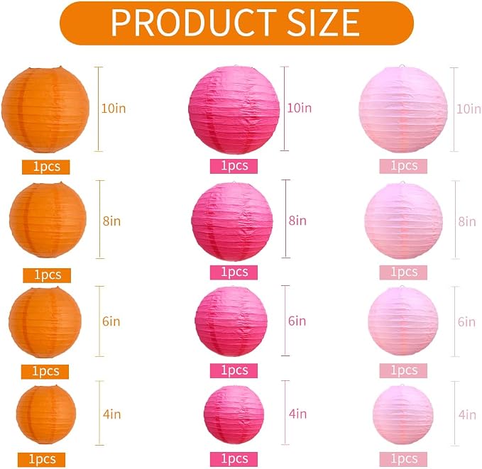 BEISHIDA Pink Orange Paper Lanterns 12Pcs 4/6/8/10 Inch Round Chinese Lamp | - Image 2