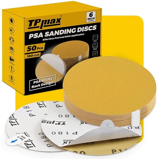 6-Inch 180-Grit Gold PSA Sanding Discs, 50 Pack – Pro-Grade Self-Adhesive by TPmax