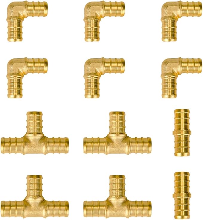 12-Pack 1/2 Inch PEX 90 Degree Elbow + Tee + Coupling | Brass, Crimp Pipe by SUNGATOR