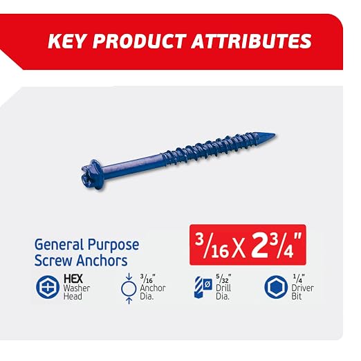 3/16 x 2-3/4" Hex Head Blue Concrete Screw Anchors - Image 2