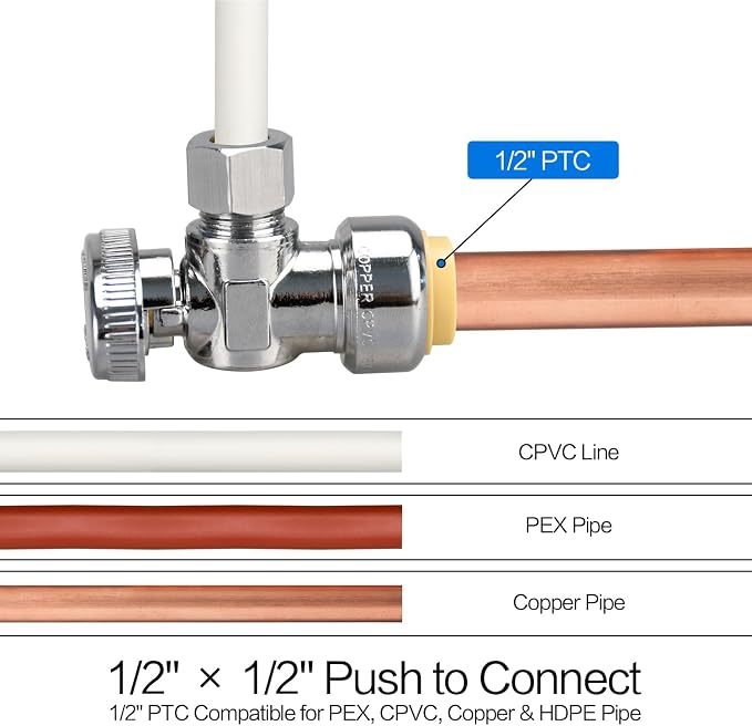 5pcs Angle Stop Valve, 1/2" PTC Input, 3/8" OD Compression Output | - Image 4
