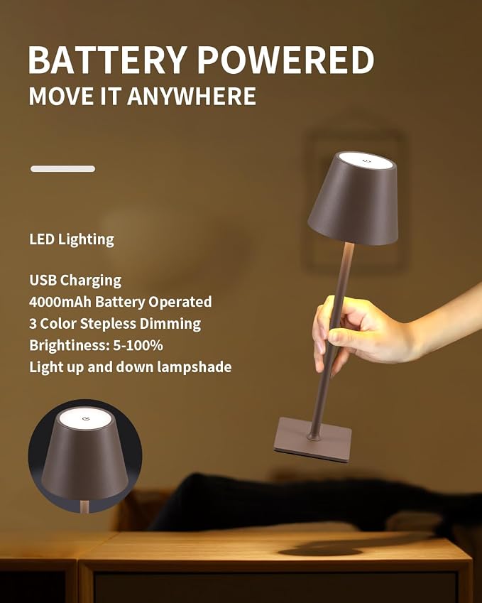 KDG 2 Pack Cordless Brown Table Lamps, Rechargeable Portable LED Desk Lamps | - Image 4