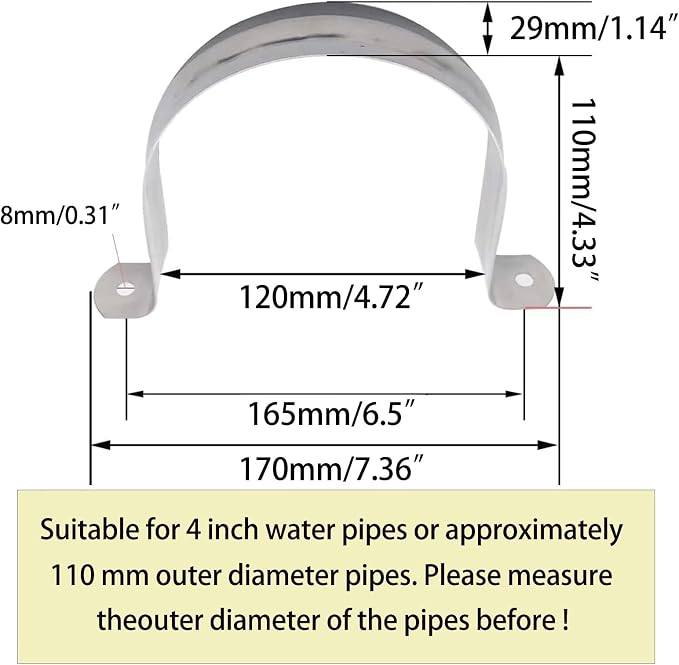 4inch Rigid Support Pipe Strap, 2 Hole U-Tube Strap Clamp, Stainless Steel - Image 2