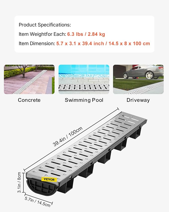 VEVOR Trench Drain System 5 Pack, Channel Drain - Image 7