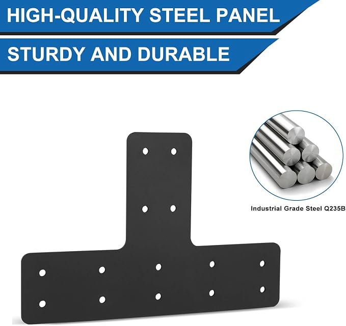 T Post Bracket 2pcs, 12x8 Flat Mending Plate, T Shape Brackets | Black Powder - Image 3
