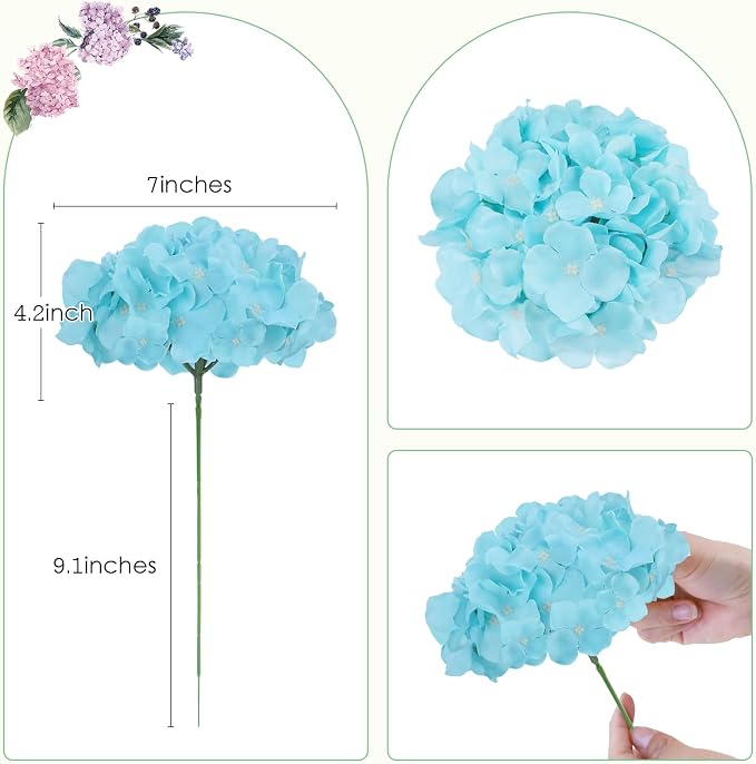 AVIVIHO 10pcs Aqua Blue Fake Flowers Hydrangea Artificial Flowers Bulk - Image 3