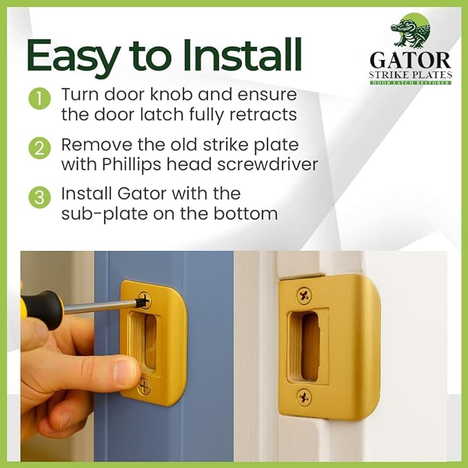 Gator Door Strike Plate 2-1/4" Latch Restorer, Bright Brass, No Chiseling - Image 7