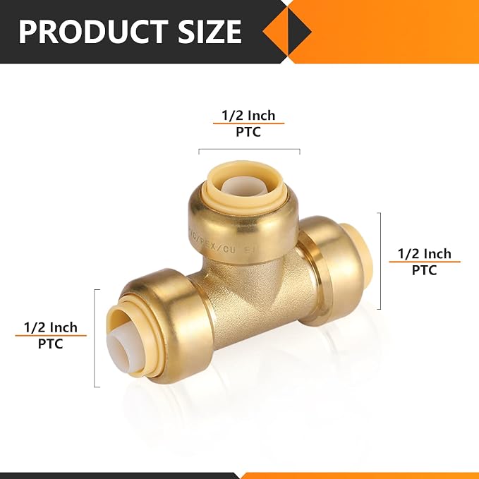 200PC HeSun 1/2" Pushfit Tee, Push to Connect Plumbing Fittings | Brass - Image 2