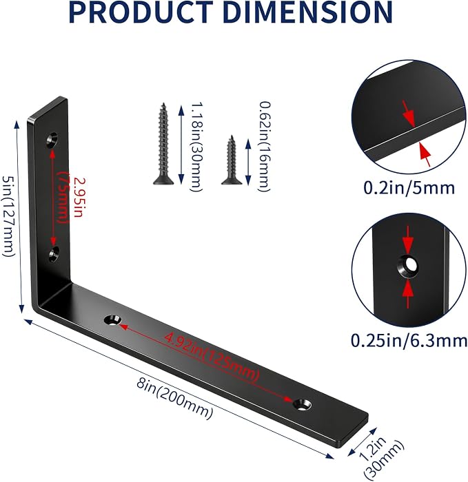 LSK 6PCS Shelf Bracket, L 8"×H 5", 5mm Thick Heavy Duty L Bracket, Max Load: - Image 3