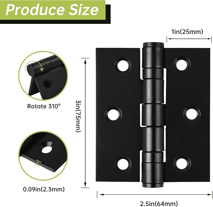 6-Pack Black Door Hinges, 3 Inch Heavy Duty Stainless Steel Hinge - Image 2