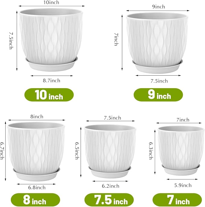 Plastic Plant Pots 10/9/8/7.5/7 inch Set of 5, Flower Planters - Image 3