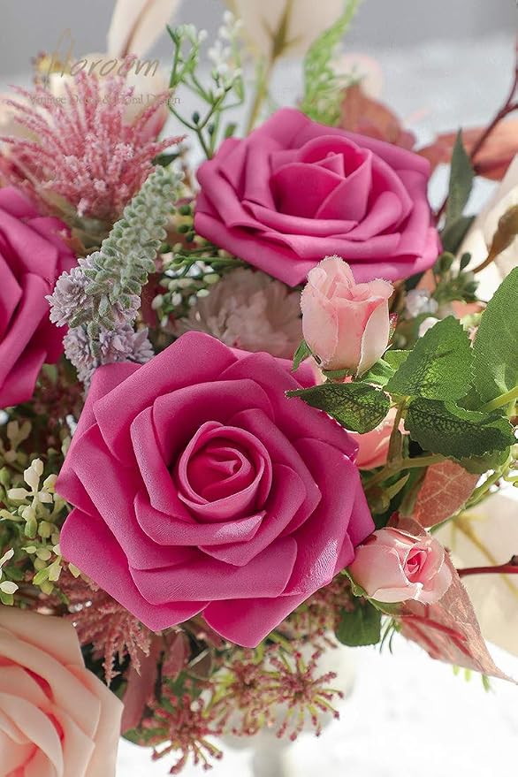 Artificial Flowers 25pcs Real Looking Hot Pink Foam Fake Roses - Image 3