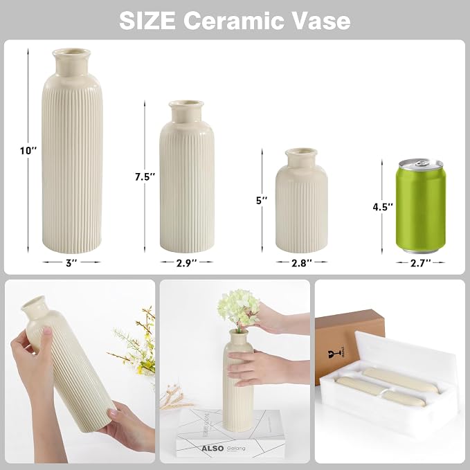 Small Beige Ceramic Vase Set of 3, Boho Modern Beige Flower Vase Room Decor - Image 2