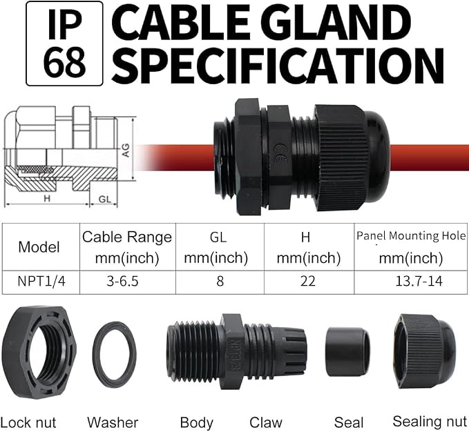 12-Pack 1/4" NPT Cable Glands, IP68 Waterproof Nylon PA66 Strain Relief Cord - Image 2