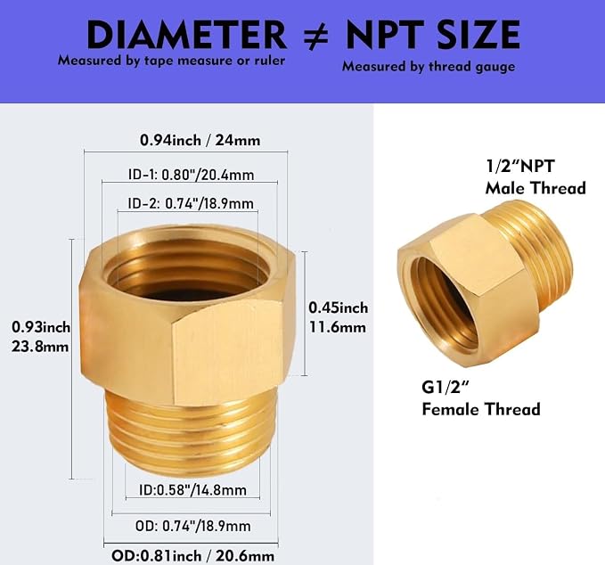 G 1/2 BSP Female to US 1/2 NPT Male Thread, Solid Brass Pipe Fitting，Connector - Image 2