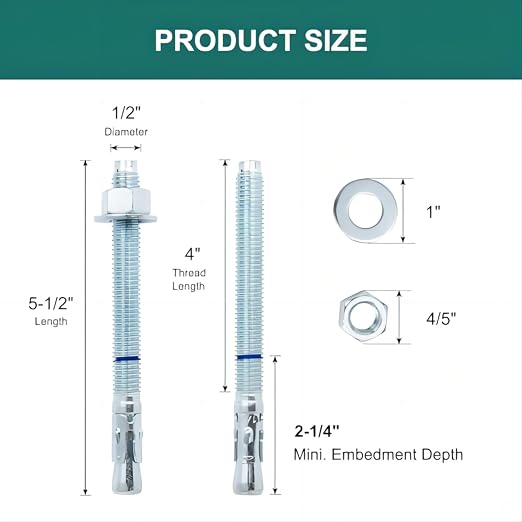 1/2" x 5-1/2" Concrete Anchors 1/2 inch Wedge Anchors Bolts Zinc Plated - Image 2