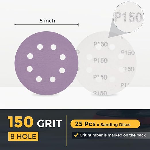 HARFINGTON 25Pcs 5Inch Sanding Disc 8 Hole 150Grit Purple Aluminum Oxide | Hook - Image 2