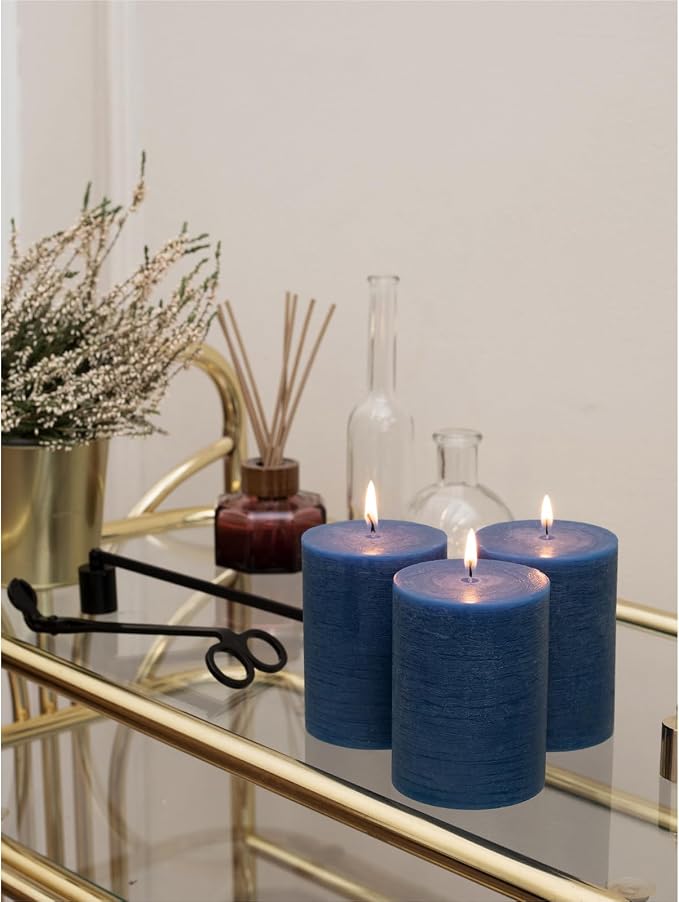 3x4 inch Pillar Candles Set of 3 – Unscented Dripless Rustic Dark Blue Candles - Image 5