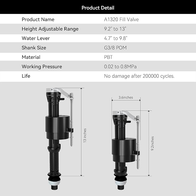 R&T Toilet Fill Valve A1320, Toilet Repair Kit Inside Tank, Universal Toilet - Image 7