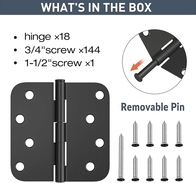 HOSOM 18 Pack Rounded Door Hinges 4 Inch 5/8'' Radius Corner, Matte Black - Image 3
