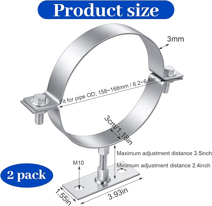 2 Pcs Heavy Duty Adjustable Pipe Bracket, 6 Inch Split Ring Pipe Hanger Clamp - Image 2