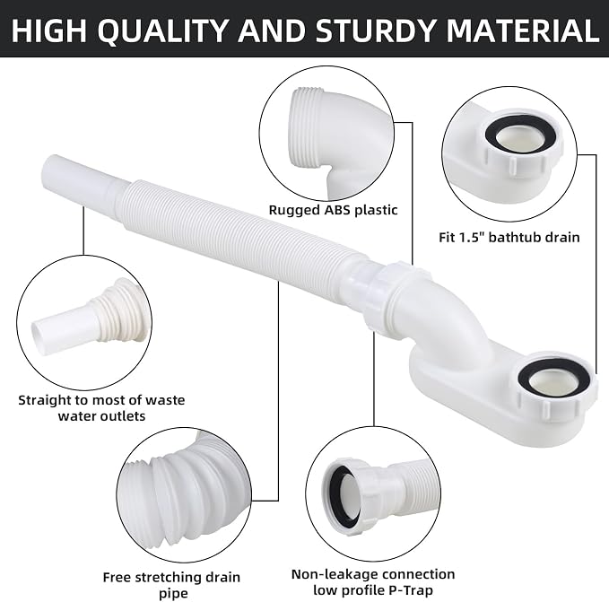 Flexible Bathtub Drain Pipe, Upgraded No-leak Low Profile 1 1/2 P Flat Drainage - Image 4