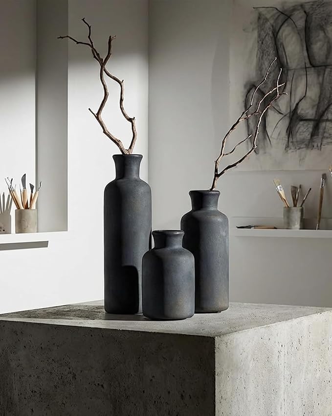 Black Ceramic Vase Set of 3, Vintage Brushed Gold Effect - Image 4
