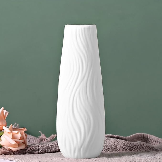 White Ceramic Vase, 8.4" H, Artistic Flower Vase Classic Style by Valemoon