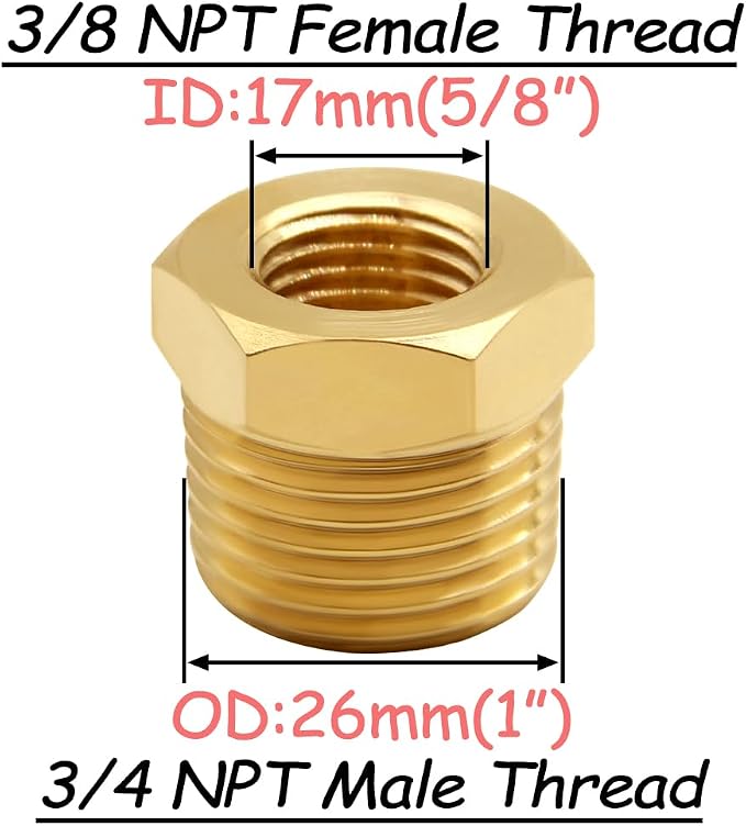 Uenede Brass 3/4" NPT Male to 3/8" NPT Female Reducer Bushing - Image 2