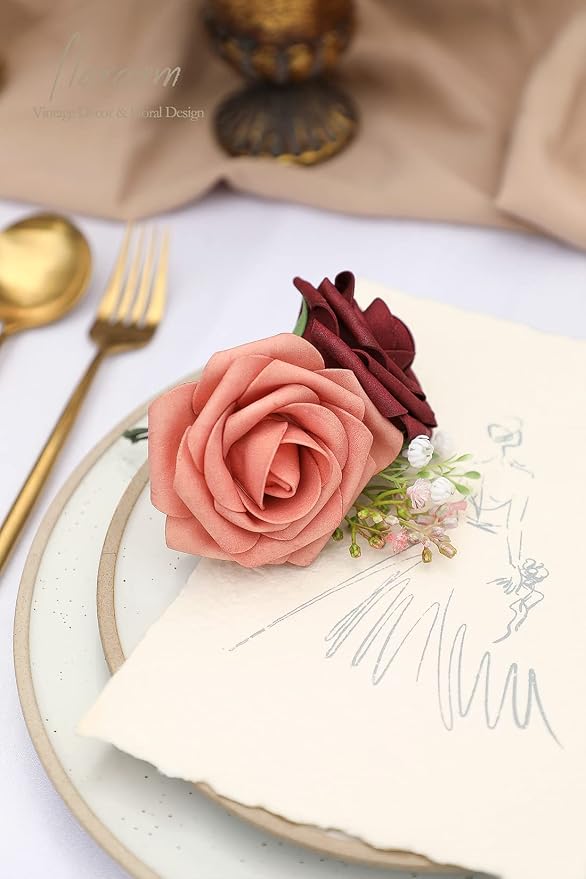 Artificial Flowers 25pcs Real Looking Burgundy & Pinky Cedar Foam Fake Roses - Image 6