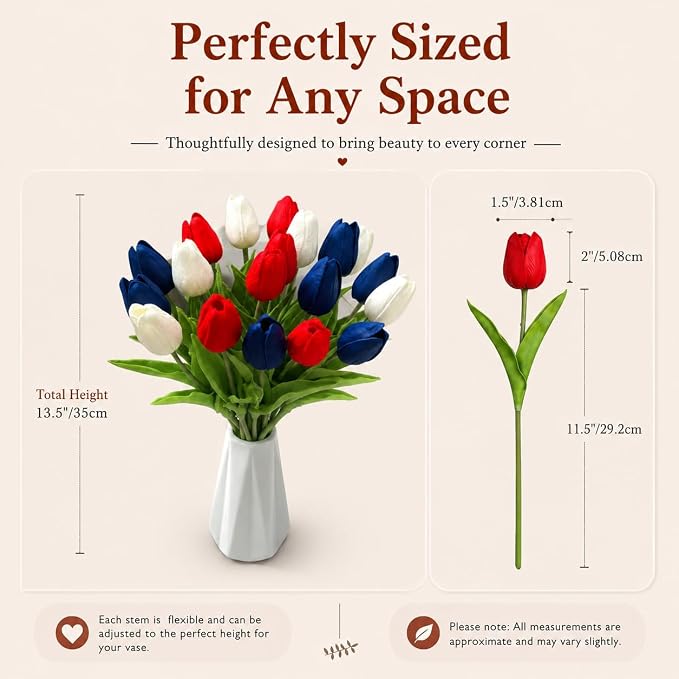 Mandy's 20pcs Artificial Red White Blue Tulips | 13.5 Inch Lifelike PU Tulips - Image 3