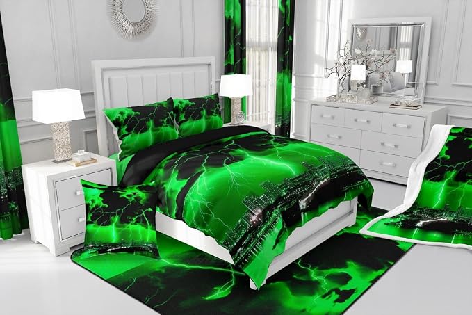 jejeloiu Green Thunder Lightning Window Drapes Cool Flashing Lightning Blackout - Image 7