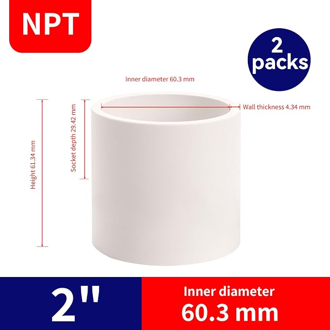 2Pack 2 Inch White PVC Pipe Coupling, Socket x Socket, Schedule 40 Heavy Duty - Image 2