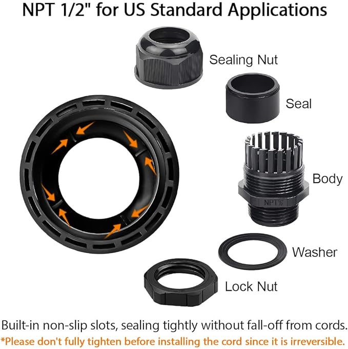 20 Pack NPT 1/2" Cable Glands Waterproof Adjustable 6-12mm Cable Connectors - Image 4