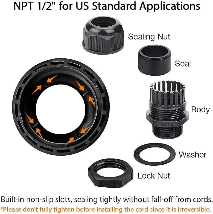 50 Pack NPT 1/2" Cable Glands Waterproof Adjustable 6-12mm Cable Connectors - Image 4