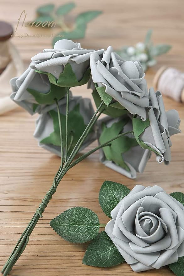 Artificial Flowers 50pcs Real Looking Silver Grey Foam Fake Roses - Image 2