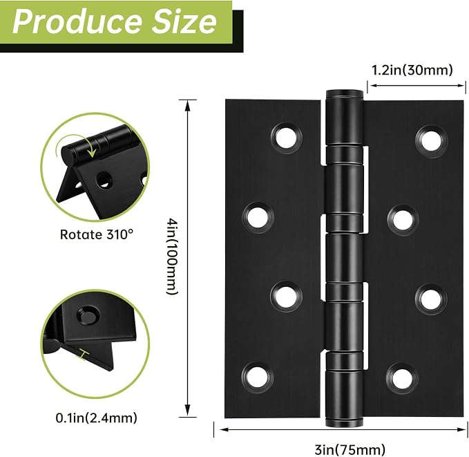 6-Pack Black Door Hinges, 4 Inch Heavy Duty Stainless Steel Hinge - Image 2