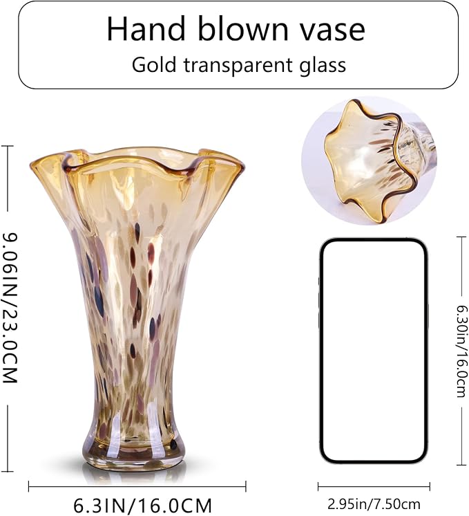 9.0" H Amber Glass Vases for Flower, Unique Hand Blown Glass Vase | Wide Mouth - Image 2